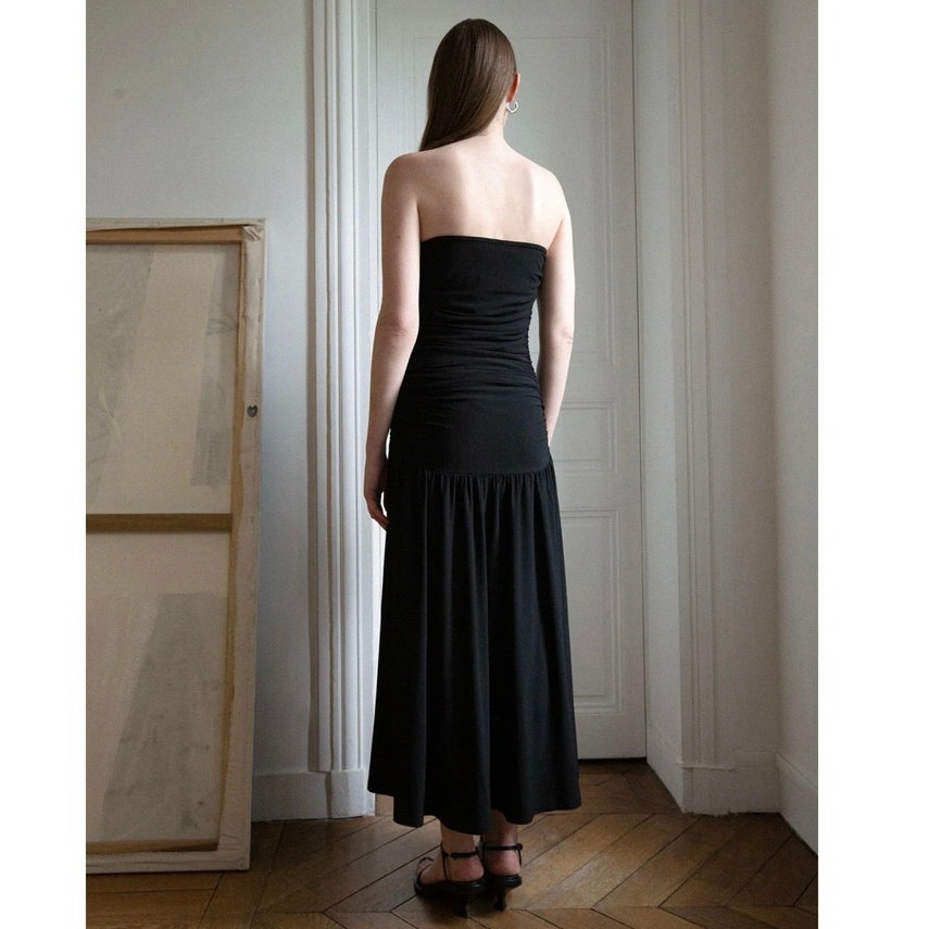 Pixie Market Women's Solid Ruched Black Strapless Flared Long Maxi Dress Size L — image 4 of 8